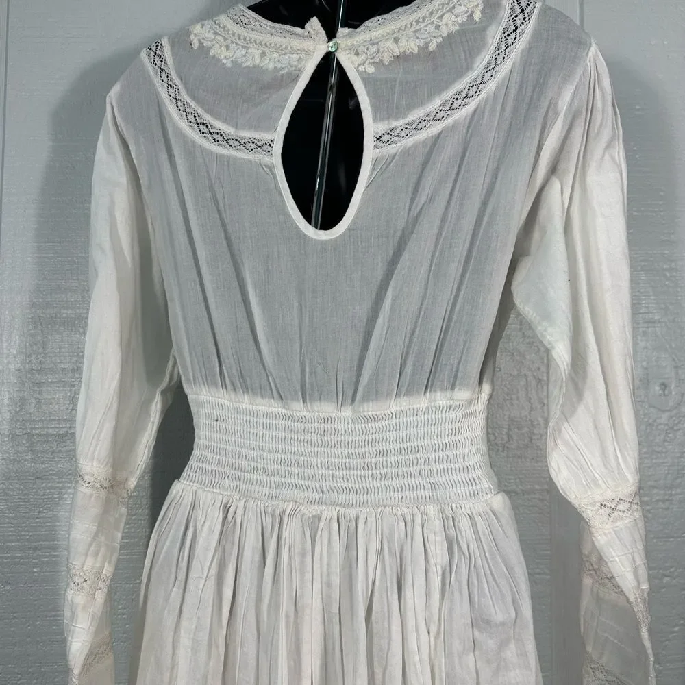 Free People White Victorian Waisted Mini Dress Ivory No Size EUC